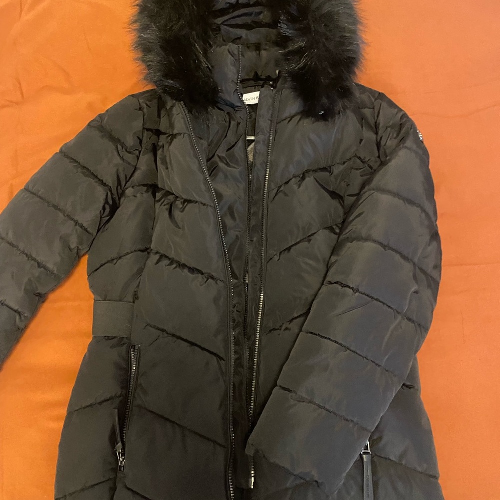 Calvin Klein mid length down puffer coat with removed faux fur hood liner.